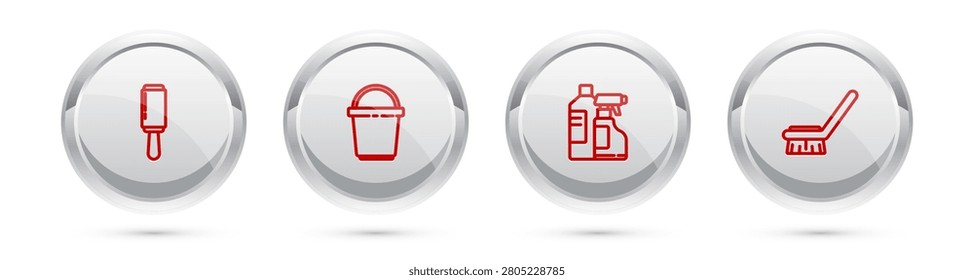 Set line Adhesive roller, Bucket, Bottles for cleaning agent and Brush. Silver circle button. Vector
