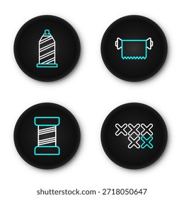 Set line Adjustable embroidery hoop, Sewing thread, Textile fabric roll and  icon. Vector