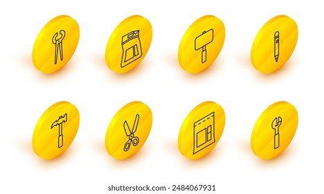 Set line Adjustable wrench, Cement bag, Scissors, Claw hammer, Pencil with eraser, Sledgehammer,  and Pincers and pliers icon. Vector