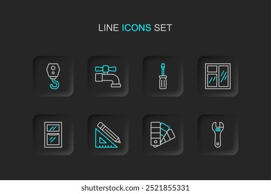 Set line Adjustable wrench, Color palette guide, Triangular ruler and pencil, Hammer spanner, Window in room, Screwdriver, Water tap and Crane hook icon. Vector