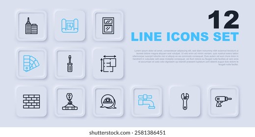 Set line Adjustable wrench, Electric drill machine, Screwdriver, Water tap, Color palette guide, Crane hook, House plan and Worker safety helmet icon. Vector