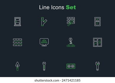 Set line Adjustable wrench, Electrical outlet, Wrench spanner, Trowel, Window in room, Crane hook, Worker safety helmet and Bricks icon. Vector