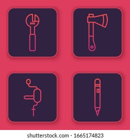 Set line Adjustable wrench, Hand drill, Wooden axe and Pencil with eraser. Blue square button. Vector