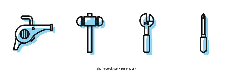 Set line Adjustable wrench, Leaf garden blower, Sledgehammer and Screwdriver icon. Vector