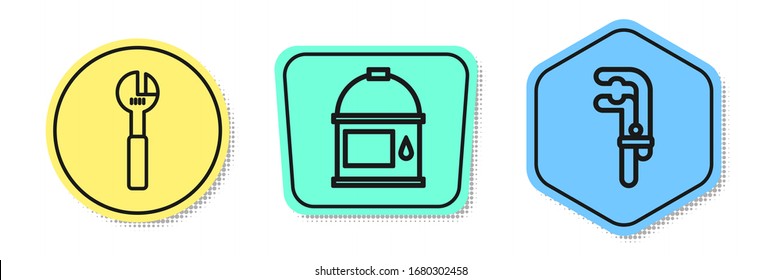 Set line Adjustable wrench, Paint bucket and Clamp tool. Colored shapes. Vector