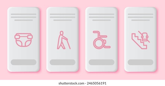 Pañal para adultos, Palo de sujeción humano ciego, Silla de ruedas y ascensor para discapacitados. Botón rectangular blanco. Vector