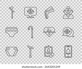 Set line Adult diaper, Emergency phone call, Bone pain, Walking stick cane, Crutch or crutches, Medical prescription and Grandmother icon. Vector