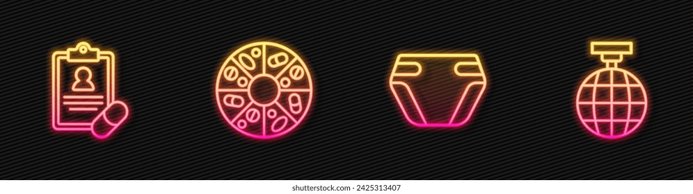 Set line Adult diaper, Medical prescription, Vitamin pill and Disco ball. Glowing neon icon. Vector