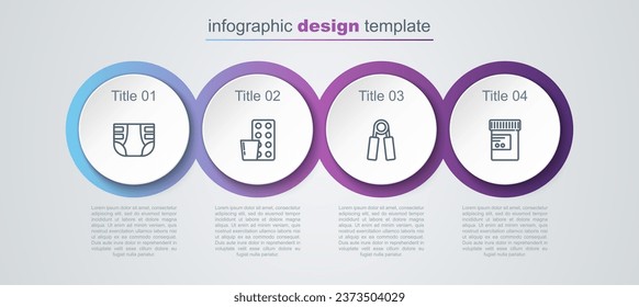 Set line Adult diaper, Pills in blister pack, Sport expander and Medicine bottle pills. Business infographic template. Vector