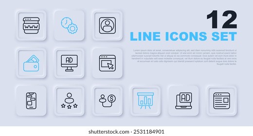 Set line Advertising, Board with graph chart, Wallet money, Consumer product rating, Time management and Human and icon. Vector