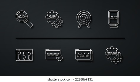 Set line Advertising, Browser setting, Website template, Social media marketing and Target sport icon. Vector