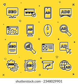 Set line Advertising, Browser setting, SEO optimization and Computer mouse icon. Vector
