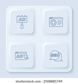 Set line Advertising, Browser setting,  and SEO optimization. White square button. Vector