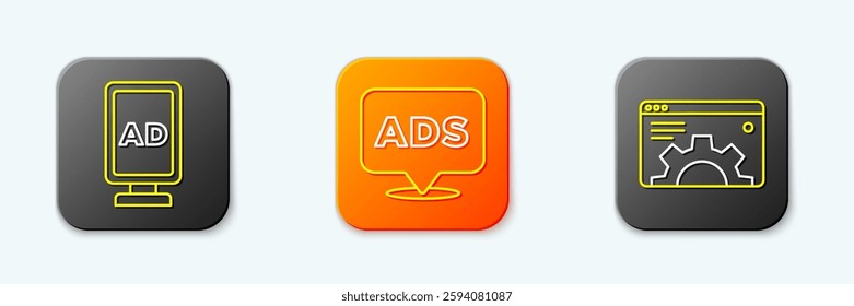 Set line Advertising,  and Browser setting icon. Vector