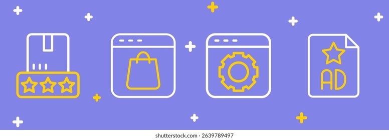 Set line Advertising, Browser setting, Online shopping on screen and Consumer product rating icon. Vector