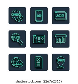 Establecer publicidad de línea, ventana Navegador, optimización SEO, configuración, marketing de medios sociales y tablero con icono de gráfico de gráficos. Vector