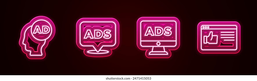 Definir la ventana de línea Publicidad, , y Navegador. Icono de neón brillante. Vector