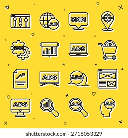 Definir linha Publicidade, janela do navegador, Carrinho de compras e dólar, Marketing de mídia social, Placa com gráfico gráfico, configuração e ícone. Vetor