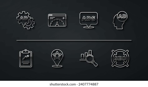 Set line Advertising, Clipboard with graph chart, Magnifying glass and analysis, Map pointer star, Website statistic, SEO optimization and  icon. Vector