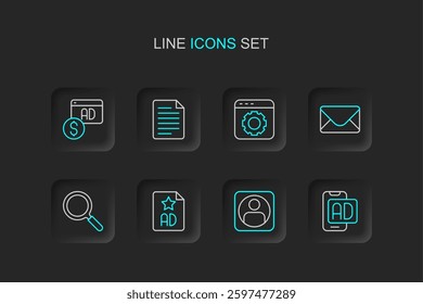 Set line Advertising, Create account screen, Magnifying glass, Mail and e-mail, Browser setting, File document and  icon. Vector