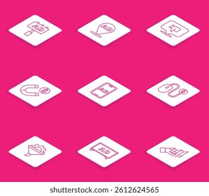 Set line Advertising, Dislike speech bubble, Magnet with money, Sales funnel gear and  icon. Vector