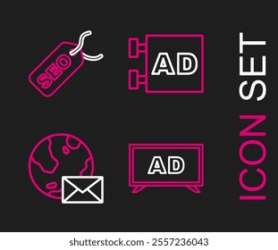 Set line Advertising, Earth globe with mail,  and SEO optimization icon. Vector