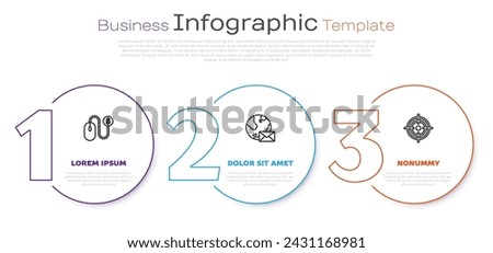 Set line Advertising, Earth globe with mail and Target. Business infographic template. Vector