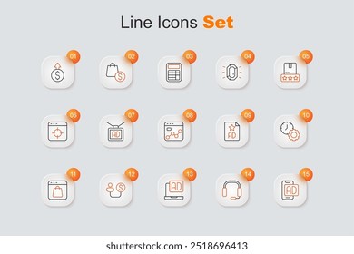 Set line Advertising, Headphones, Human and money, Online shopping screen, Time management,  and Market analysis icon. Vector