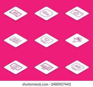 Establecer línea Publicidad, Clave, calificación de productos de Cliente, No me gusta la burbuja de voz, Gestión de plomo, Monitor con estrella e ícono de gráfico gráfico gráfico. Vector
