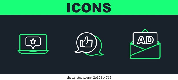 Set line Advertising, Laptop with star and Customer product rating icon. Vector