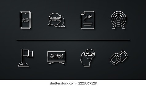 Legen Sie die Linie Werbung, Ortsmarkierung, Zielsport, Kettenlink und Dokument mit Diagramm Symbol. Vektorgrafik