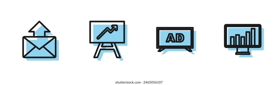 Set line Advertising, Mail and e-mail, Board with graph chart and Monitor icon. Vector