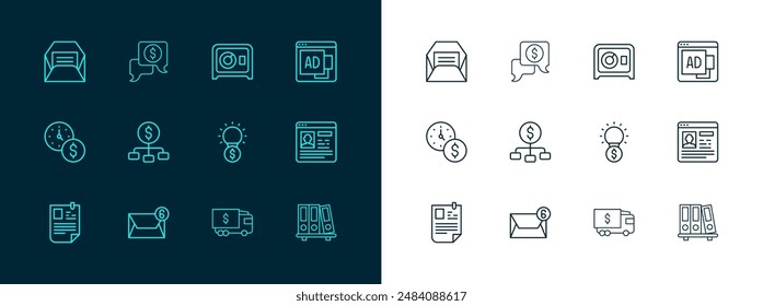 Set line Advertising, Mail and e-mail, Light bulb with dollar, Armored truck, Hierarchy, Safe, Envelope and Business negotiations icon. Vector