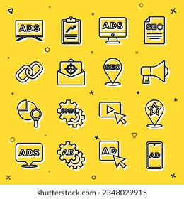 Set line Advertising, Map pointer with star, Megaphone, Mail and e-mail, Chain link,  and SEO optimization icon. Vector