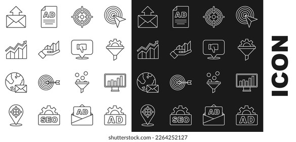 Establecer publicidad de línea, Monitor con gráfico gráfico de gráficos, Equipo de embudo de ventas, Target, infografía de tubería, Aumento del crecimiento financiero, Correo y correo electrónico e icono de burbuja de voz de disgusto. Vector