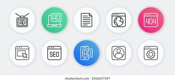 Set line Advertising, Page with a 404 error, Create account screen, Worldwide, File document, Browser setting and SEO optimization icon. Vector