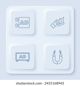 Set line Advertising, Pie chart infographic,  and Magnet. White square button. Vector