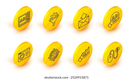 Set line Advertising, Pie chart infographic, Target, Browser setting, Mail and e-mail, Sales funnel with gear and  icon. Vector