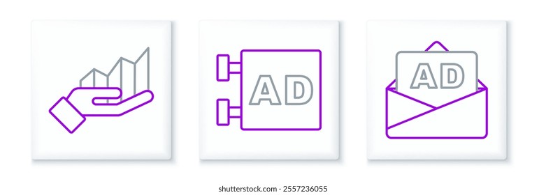 Set line Advertising, Pie chart infographic and  icon. Vector