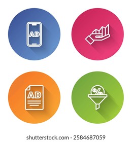 Set line Advertising, Pie chart infographic,  and Lead management. Color circle button. Vector