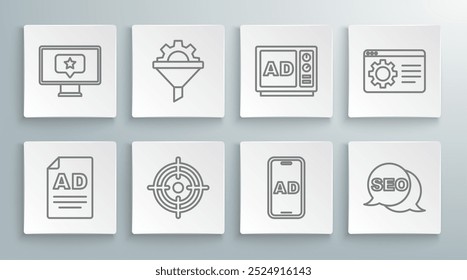 Set line Advertising, Sales funnel with gear, Target, SEO optimization, Browser setting and Monitor star icon. Vector