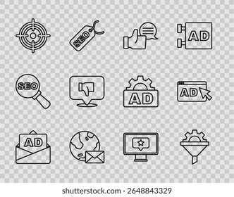 Set line Advertising, Sales funnel with gear, Customer product rating, Earth globe mail, Target, Dislike speech bubble, Monitor star and  icon. Vector