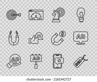 Set line Advertising, SEO optimization, Chess, Target, Customer product rating, Mobile with review and  icon. Vector
