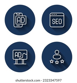 Setzen Sie Werbung, SEO-Optimierung und Consumer-Produktbewertung mit langem Schatten ein. Blauer Kreis-Knopf. Vektorgrafik