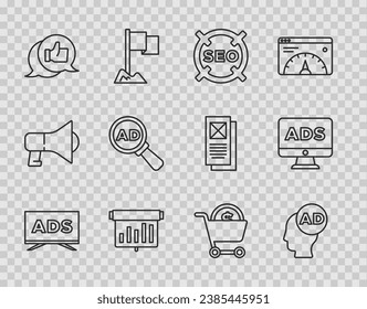 Set line Advertising, SEO optimization, Board with graph chart, Customer product rating, Shopping cart and dollar and  icon. Vector