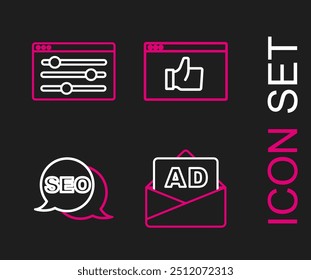 Set line Werbung, SEO-Optimierung, Kundenproduktbewertung und Browser-Einstellungssymbol. Vektorgrafik