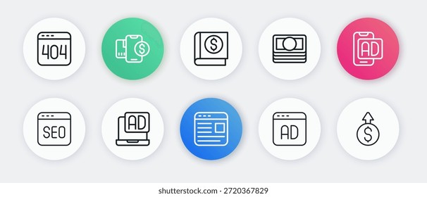 Publicidad, optimización SEO, Stacks de papel moneda, libro financiero, crecimiento de dólares e icono. Vector