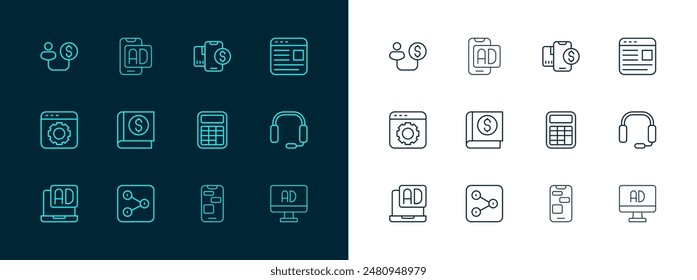 Set line Advertising, Share, Calculator, Mobile 24 hours support, Financial book, with dollar, Human and money and  icon. Vector