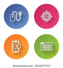 Set line Advertising, Target, Mobile with review rating and Browser setting. Color circle button. Vector
