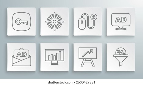 Set line Advertising, Target, Monitor with graph chart, Board, Lead management,  and Key icon. Vector